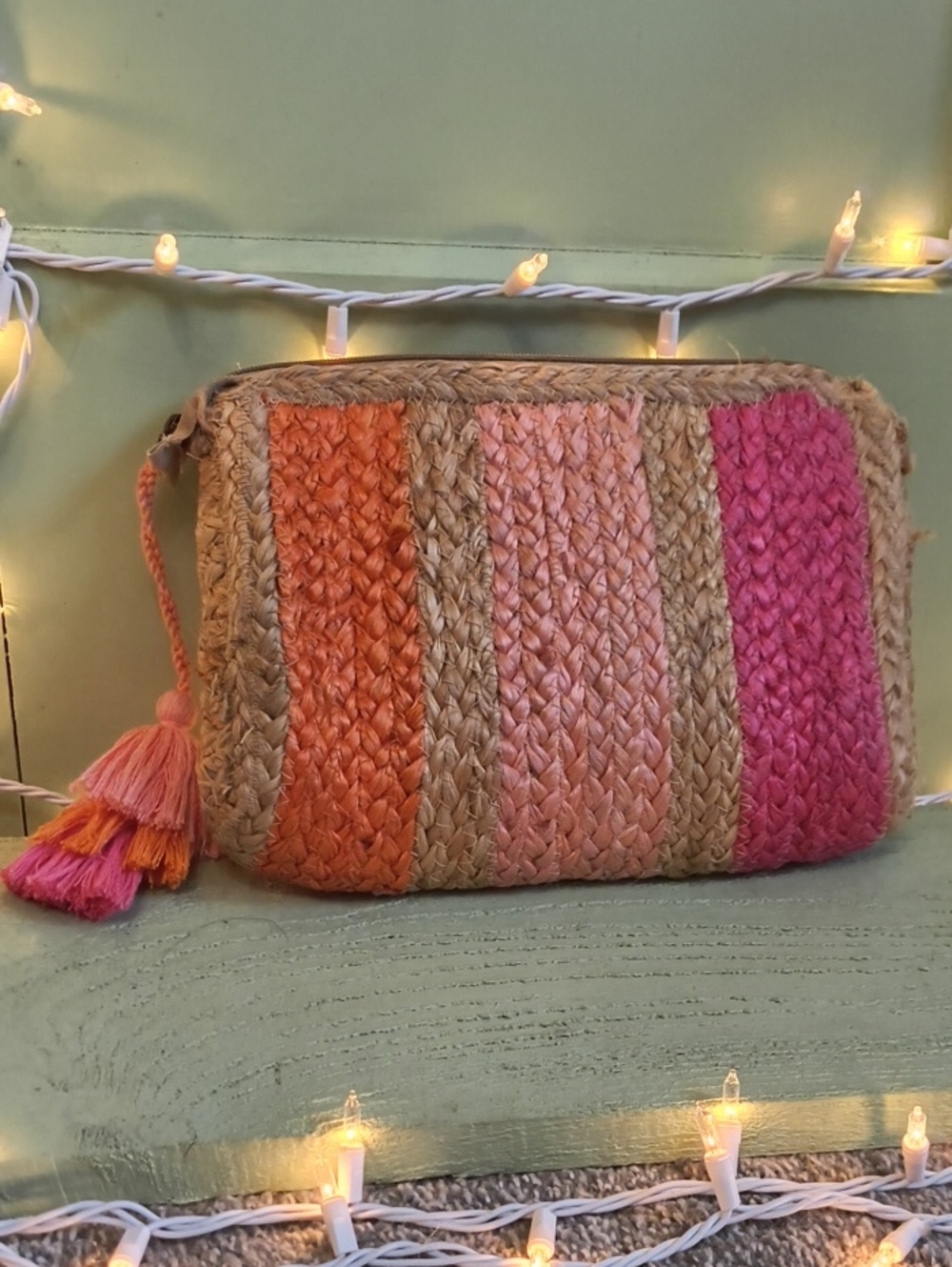 Women's 🆓 No Boundaries Jute Cosmetic Tassel Pink Orange Zip Pouch Bag Clutch
